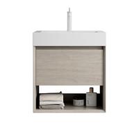 Ensemble lavabo de salle de bain mural - Rectangulaire - En résine - Avant en bois massif - Corps de panneaux multicouches - Aspect chêne - Tiroir à fermeture douce - Compartiment de rangement (chêne