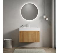 Ensemble lavabo de salle de bain mural rectangulaire intégré en résine - Façade rayée aspect bois - Système de tiroirs LED à fermeture douce - Surface minérale facile d'entretien (naturel, 70 cm)