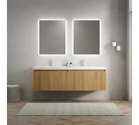 Ensemble lavabo de salle de bain mural rectangulaire intégré en résine - Façade rayée aspect bois - Système de tiroirs LED à fermeture douce - Surface minérale facile d'entretien (naturel, 140 cm)