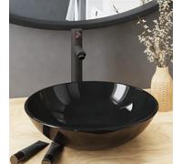 Ensemble lavabo de salle de bain rond en verre trempé, noir et gris, avec robinet à levier unique et bonde pop-up, 42 cm, pour montage sur lavabo