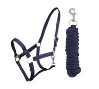 Ensemble licol et longe avec mousqueton réglable Licol pour cheval Cheval Cheval en bois Corde d'attache (Bleu marine, Mini Shetty)