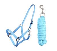 Ensemble licol et longe avec mousqueton réglable Licol pour cheval Cheval Cheval en bois Corde d'attache (Bleu ciel, Mini Shetty)