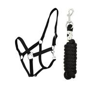 Ensemble licol et longe avec mousqueton réglable Licol pour cheval Cheval en bois Corde d'attache (Noir, Mini Shetty)