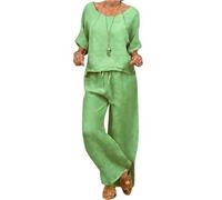 Ensemble Lin Femme 2 Pieces Haut Col Rond Manches 3/4 + Pantalon Long Jambe Large Taille Elastique avec Cordon de Serrage Tenue Casual Sans Motif Style Maison pour Détente Loisirs Vacances