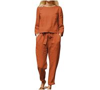 Ensemble Lin Femme Grande Taille, Ensemble Ete Coupe Ample Couleur Unie Tenue avec Haut Col en Rond Manches Longues Pantalon Cordon De Serrage Fluide Respirant Leger Décontractée Quotidienne