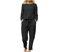 Ensemble Lin Femme Grande Taille, Ensemble Ete Coupe Ample Couleur Unie Tenue avec Haut Col en Rond Manches Longues Pantalon Cordon De Serrage Fluide Respirant Leger Décontractée Quotidienne