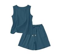 Ensemble Lin Femme Grande Taille, Ensemble Ete Coupe Ample Simple Couleur Unie Tenue avec Débardeur Col en Rond Short Cordon De Serrage Fluide Respirant Leger Décontractée Quotidienne