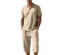 Ensemble lin homme, chemise ample manches courtes et short, respirant et décontracté#Z