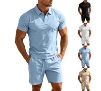 Ensemble Lin Homme Couleur Pure avec Poches - Mode Homme T-Shirt Manche Courte Col À Revers Et Short, Ensembles Outdoor Stretch Vintage, 2 Pièce Décontractée Voyage Bleu Ciel M