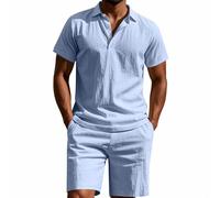 Ensemble Lin Homme Couleur Pure avec Poches Vetement Homme Ete T-Shirt Col À Revers Et Short Ensemble Legere Vintage Stretch Deux-Pièces Voyage Décontractée Bleu Clair XXL
