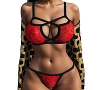Ensemble Lingerie Femme 2 Pièces Élégant et Charmant avec Soutien-Gorge, Culotte et Jarretelles en V 2 Pièces Pyjama Réglable Bra avec (Red, L)