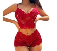 Ensemble Lingerie Femme 2 Pieces Shorty Culotte Taille Haute Soutien Gorge sans Armature Push up Sein Nu Brassiere Dentelle Tenue sous Vetement Femme Sexy érotique Coquine Hot pute (Red, M)