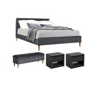 Ensemble lit 140 x 190 cm - Tissu velours - Gris + 2 tables de chevet + Bout de lit - DANIELE