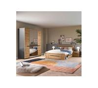 Ensemble lit 144x205x87 + 2 chevets + armoire à miroir naturel - KANUT