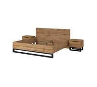 Ensemble lit 160x200 et deux chevets style industriel - Collection MILOS. Coloris chêne brut et noir. Sommier inclus