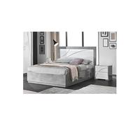 LINEAL - Ensemble Lit 160x200cm avec Leds + 2 Chevets Laqués Blanc et Gris Béton -