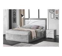 LINEAL - Ensemble Lit 160x200cm avec Leds + 2 Chevets Laqués Blanc et Gris Béton -