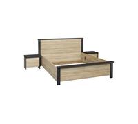 Ensemble Lit 160x200cm + Chevets Effet Bois et Béton - SIWA -