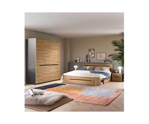 Ensemble lit 184x205x87cm + 2 chevets + armoire décor naturel - KANUT