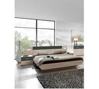 Ensemble Lit adulte avec LED et 2 chevets en Imitation chene Hickory rechampis graphite - 140 x 200 cm