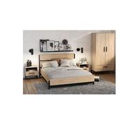 Ensemble lit adulte CRAFT 140 190 200 cm 2 chevets armoire Mélaminé Décor chene Hamil
