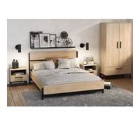 Ensemble lit adulte CRAFT 140 190 200 cm 2 chevets armoire Mélaminé Décor chene Hamil