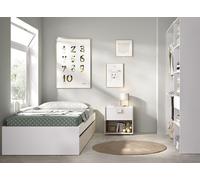 Ensemble lit avec 2 tiroirs + table de nuit + armoire dressing coloris blanc, chêne naturel