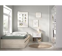 Ensemble lit avec 2 tiroirs + table de nuit + dressing coloris chêne naturel, blanc