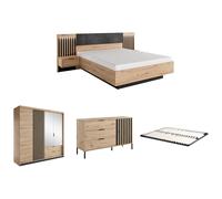 Ensemble lit avec chevets 160 x 200 cm + Sommier + Commode + Armoire - Coloris : Naturel et noir - ARIADA