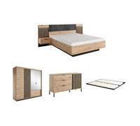 Ensemble lit avec chevets 160 x 200 cm + Sommier + Commode + Armoire - Coloris : Naturel et noir - ARIADA