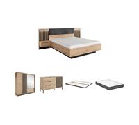 Ensemble lit avec chevets 160 x 200 cm + Sommier + Matelas + Commode + Armoire - Coloris : Naturel et noir - ARIADA Noir, Naturel clair
