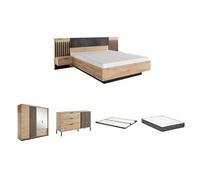 Ensemble lit avec chevets 160 x 200 cm + Sommier + Matelas + Commode + Armoire - Coloris : Naturel et noir - ARIADA