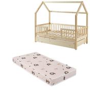 Ensemble Lit cabane avec barrière et tiroir Safari Beige 70x140 avec matelas enfant éléphants Verts 70x140x12 - Laïba Kids