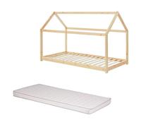 Ensemble Lit Cabane Beige 90x190 cm + Matelas Enfant 90x190x10 - Laïba Kids