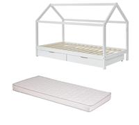Ensemble Lit cabane tiroirs Blanc 90x190 + Matelas enfant 90x190x10 - Laïba Kids