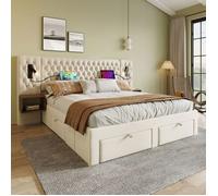Ensemble Lit Double 180x200 Velours Beige avec Tables de Chevet 4 Tiroirs et Lampes Intégrées USB - Sans Matelas