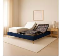 Ensemble lit électrique 90x190 bleu - Sommier relaxation à plots + contour velours côtelé + matelas