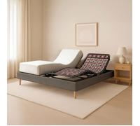 Ensemble lit électrique 90x190 gris - sommier à plots + contour velours côtelé + matelas mémoire 17 cm