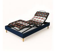 Ensemble lit électrique - SAMPUR - 90x190 bleu - Sommier à plots multidirectionnels - Matelas mémoire 17 cm - Contour velours côtelé