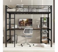 Ensemble lit mezzanine fer bois 90x200 incluant table de travail et rangement à plusieurs niveaux garde-corps métallique
