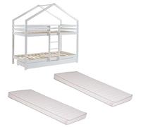Ensemble Lit Superposé Caravane Blanc 90x190 + 2 Matelas Enfants 90x190x10 - Laïba Kids