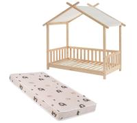 Ensemble Lit Tente des étoiles 70x140 Beige avec matelas enfant éléphants verts 70x140x12 - Laïba Kids