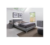 Ensemble lit THOMAS 160x200 avec sommier + 2 tables de chevet rondes - Gris et bois