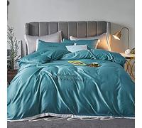 Ensemble literie en Satin Soyeuse Douce Couvre-lit Luxe Pleine Grandeur Couette Plate 5 étoiles qualité de l'hôtel (Couleur: Kaki Taille: Double) (Bleu Complet)