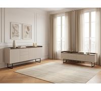 Ensemble LOUNA avec buffet 192 cm + meuble TV 192 cm beige et effet bois avec tasseaux et LED BOBOCHIC Beige