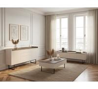 Ensemble LOUNA avec buffet 192 cm + meuble TV 192 cm + table basse beige et effet bois avec tasseaux et LED BOBOCHIC Beige