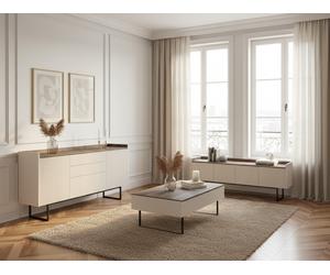 Ensemble LOUNA avec buffet 192 cm + meuble TV 192 cm + table basse beige et effet bois avec tasseaux et LED BOBOCHIC Beige