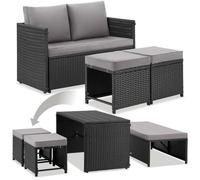 Ensemble lounge - TECTAKE - Salon en rotin 2 en 1 MONOPOLI, canapé et table-chaise 4 personnes housses amovibles - Noir
