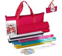 Ensemble Mahjong américain, Jeu de Mahjong américain Classique Complet, Set Mahjong Pleine Grandeur avec 166 tuiles, 4pcs 2 en 1 Rack / pousseurs, Sac Doux Rouge, copeaux, Marchand de Vent, Manuel et