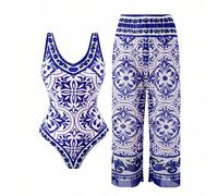 Ensemble maillot de bain une pièce avec imprimé complet pour plage d'été grande taille et pantalon long à col en V profond 0XL,1XL,2XL,3XL,4XLFloral,Tout Imprimé,BaroqueÉtoffe